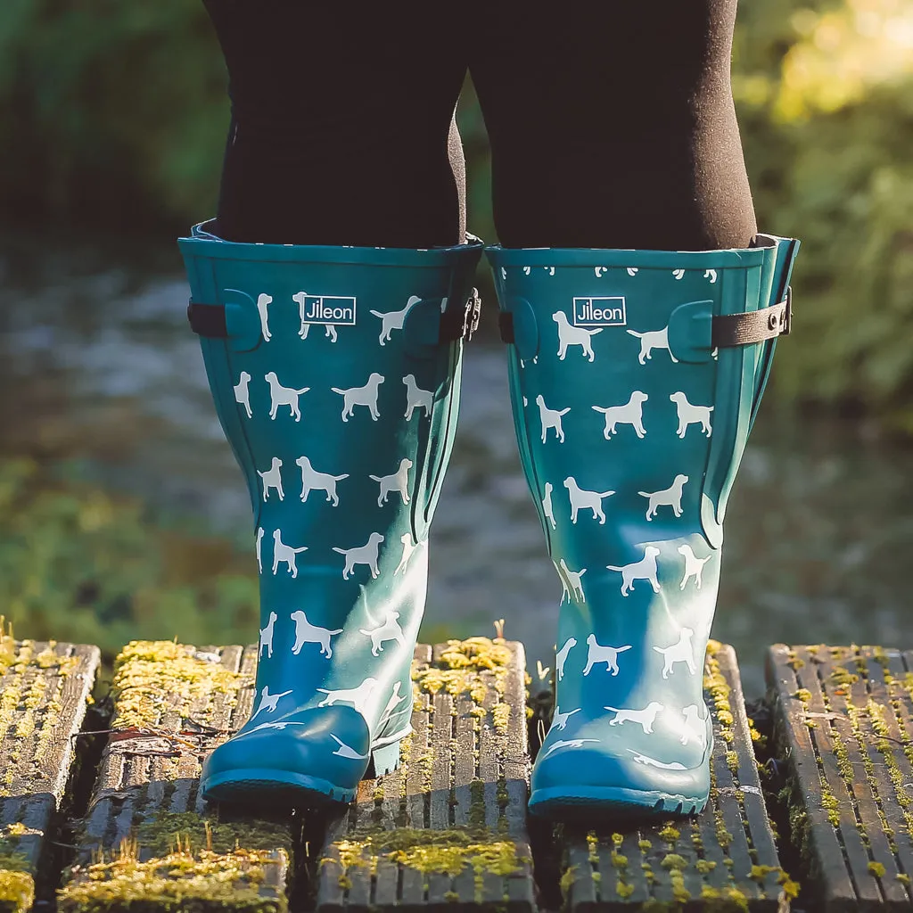 Extra Wide Calf Women's Rain Boots - Teal Dogs - 16-23 Inch Calf - Wide in Foot & Ankle