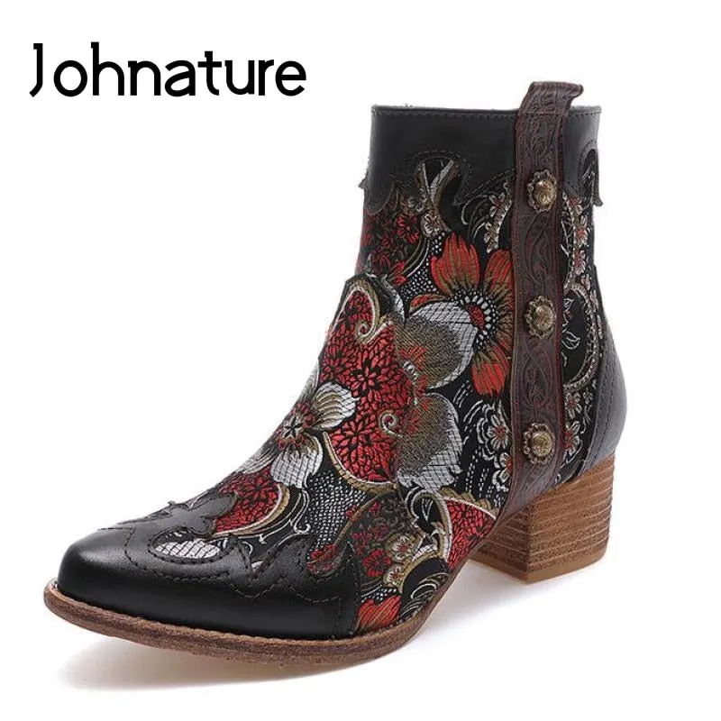 JOHNNATURE  Leather Handmade & Embroidered High Heel Ankle Boots with Flower Design