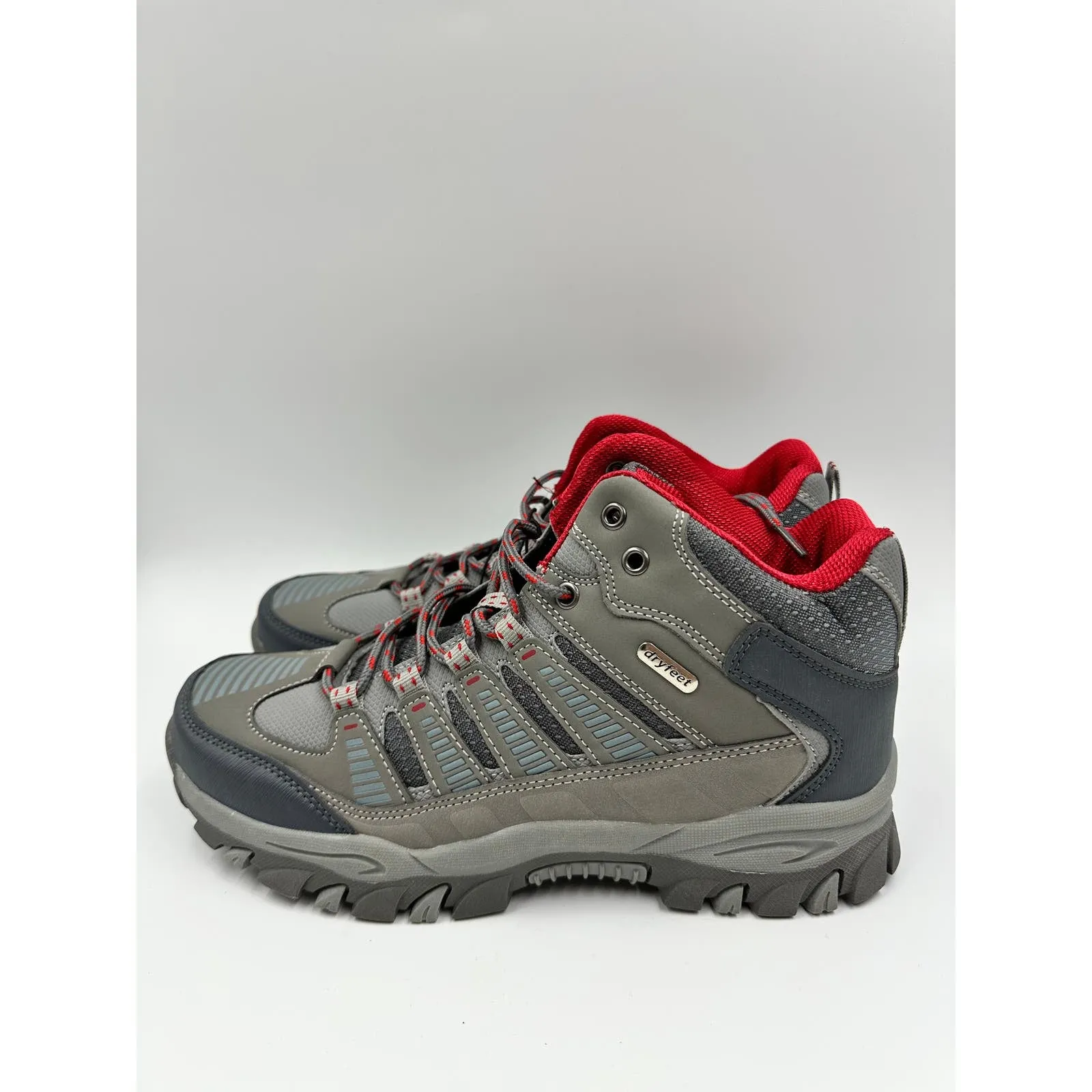 Men's Size 8.5, Light Gray High Top Hikers with Red Accents and Rugged Tread