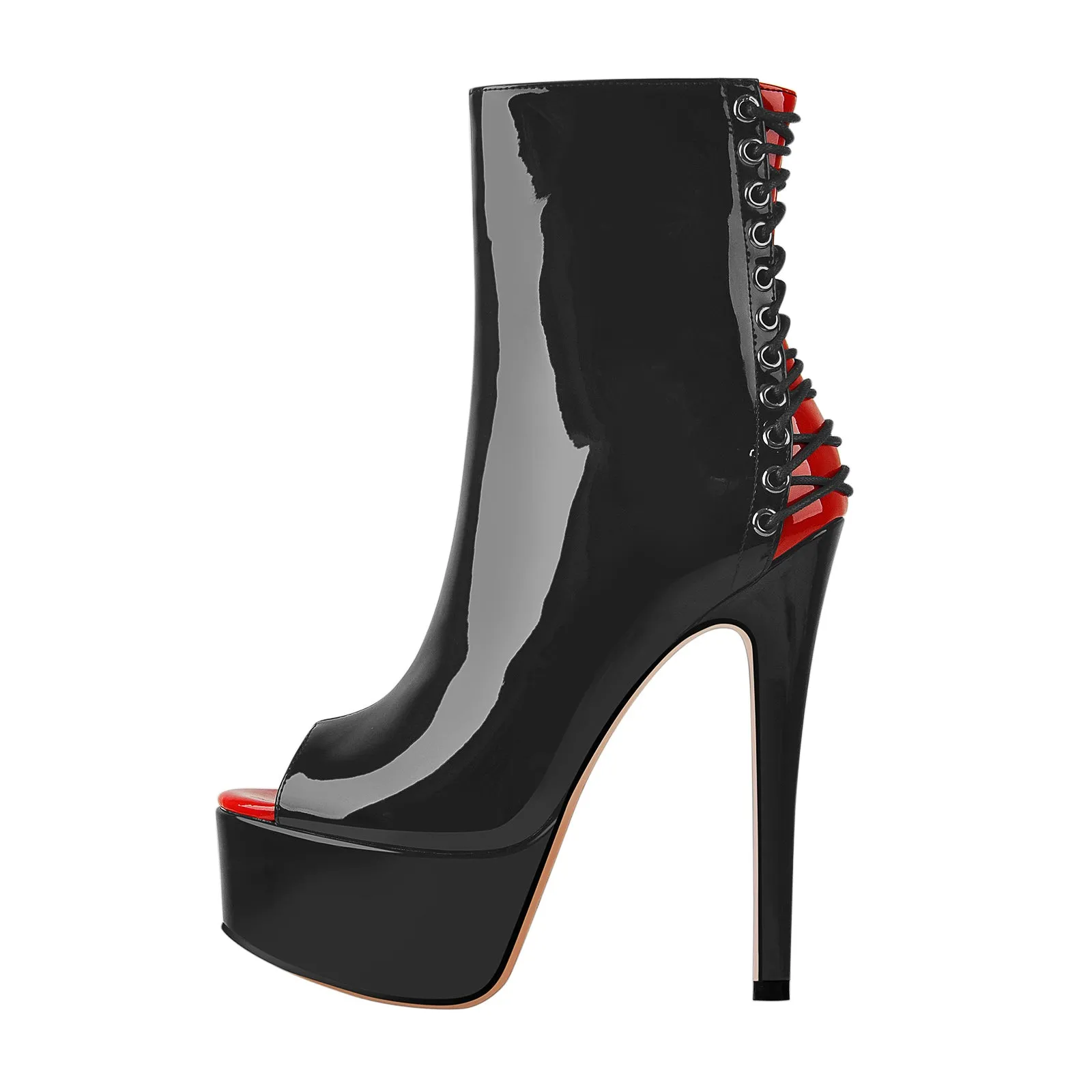 Red Peep Toe Patent Leather Zipper Ankle Boots