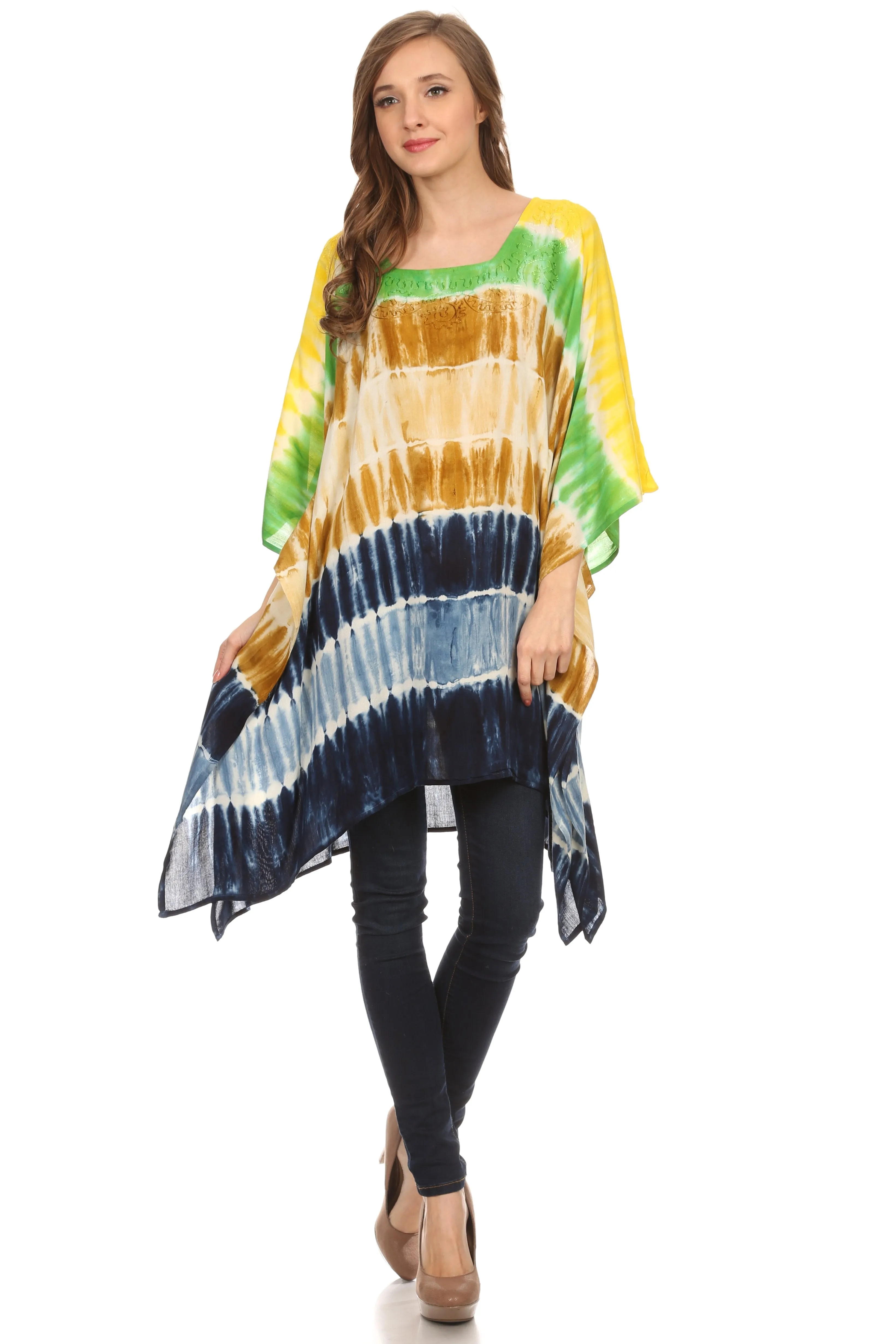 Sakkas Kalinda Embroidered Tie Dye Loose Fit Caftan Poncho Tunic Top / Cover-Up