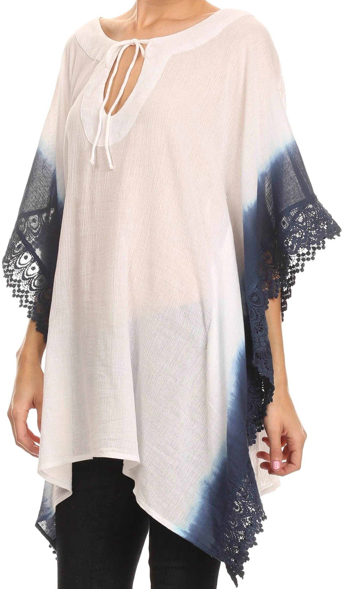 Sakkas Konn Adjustable Draw String Neck Embroidered Long Poncho Shirt Blouse Top