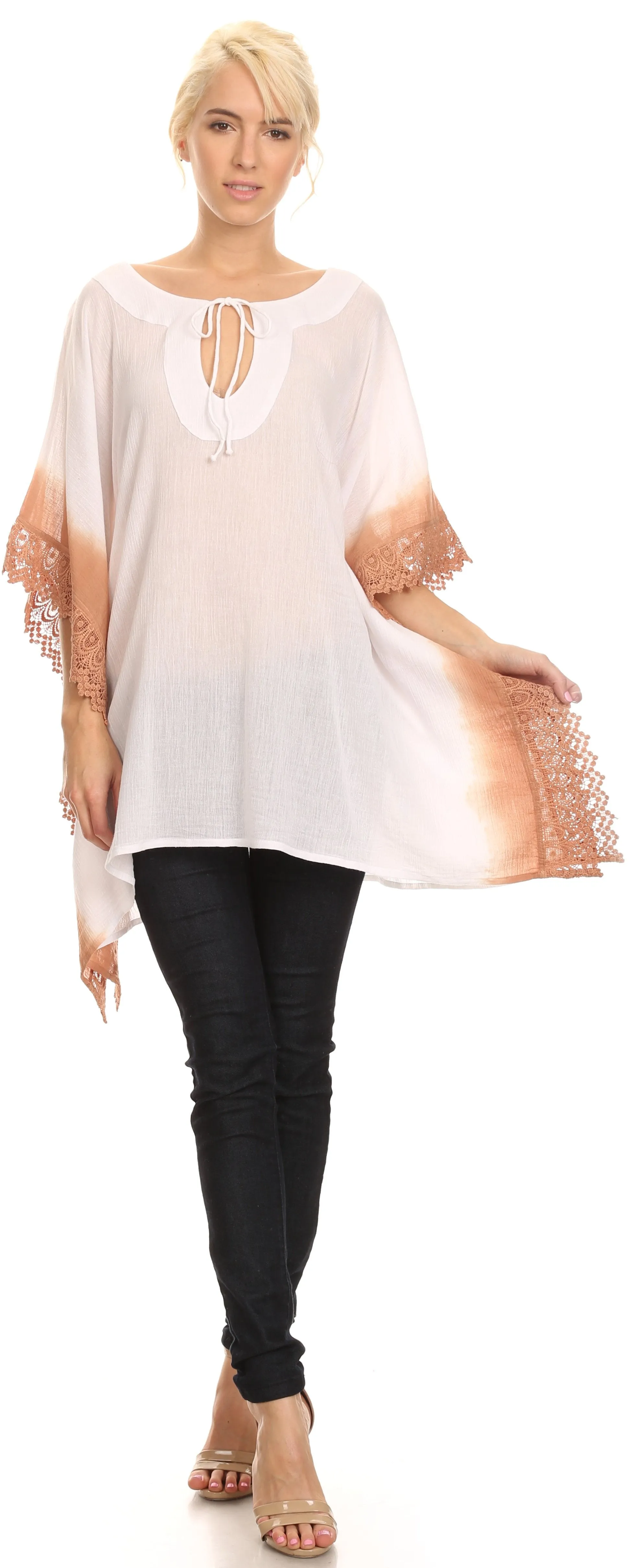 Sakkas Konn Adjustable Draw String Neck Embroidered Long Poncho Shirt Blouse Top