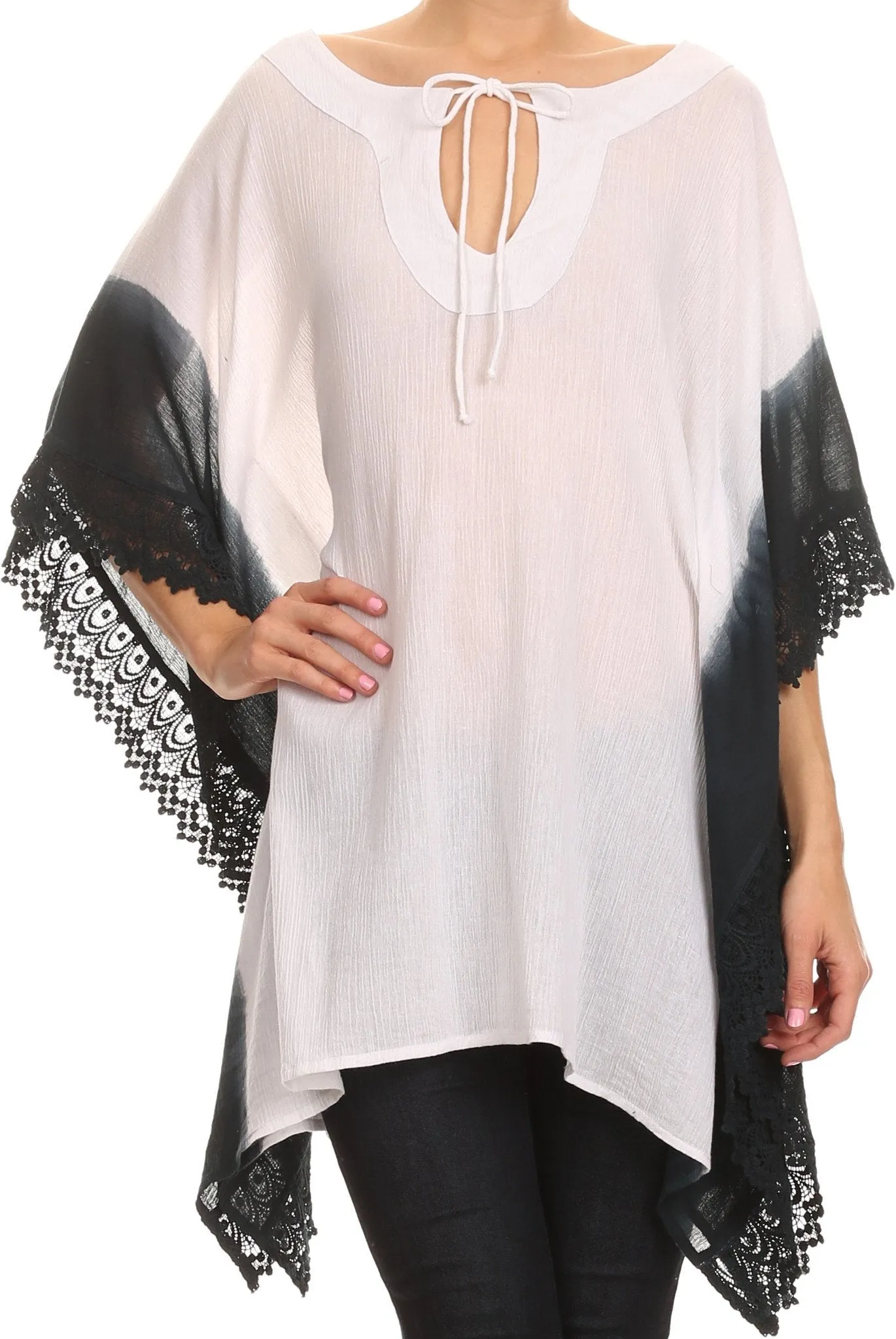 Sakkas Konn Adjustable Draw String Neck Embroidered Long Poncho Shirt Blouse Top