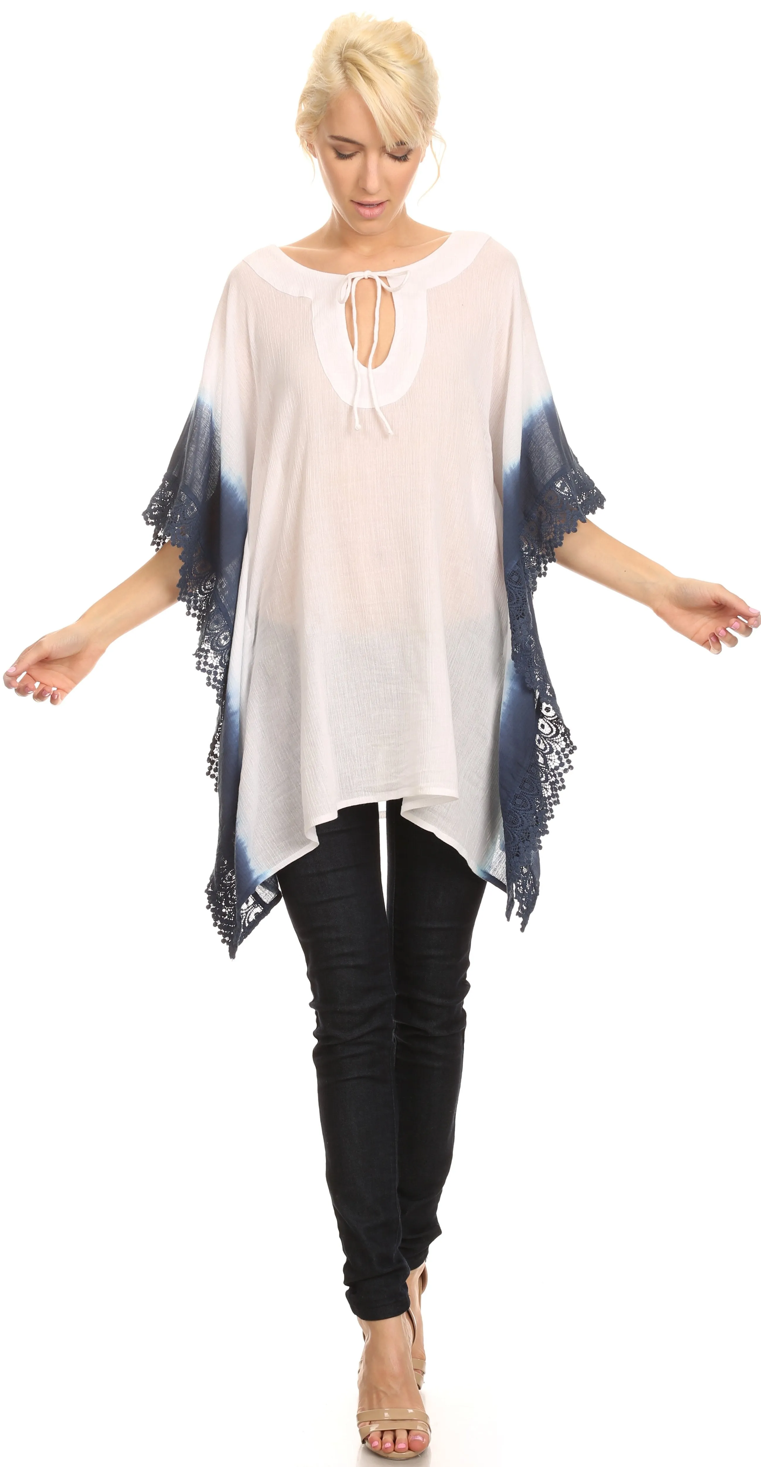 Sakkas Konn Adjustable Draw String Neck Embroidered Long Poncho Shirt Blouse Top