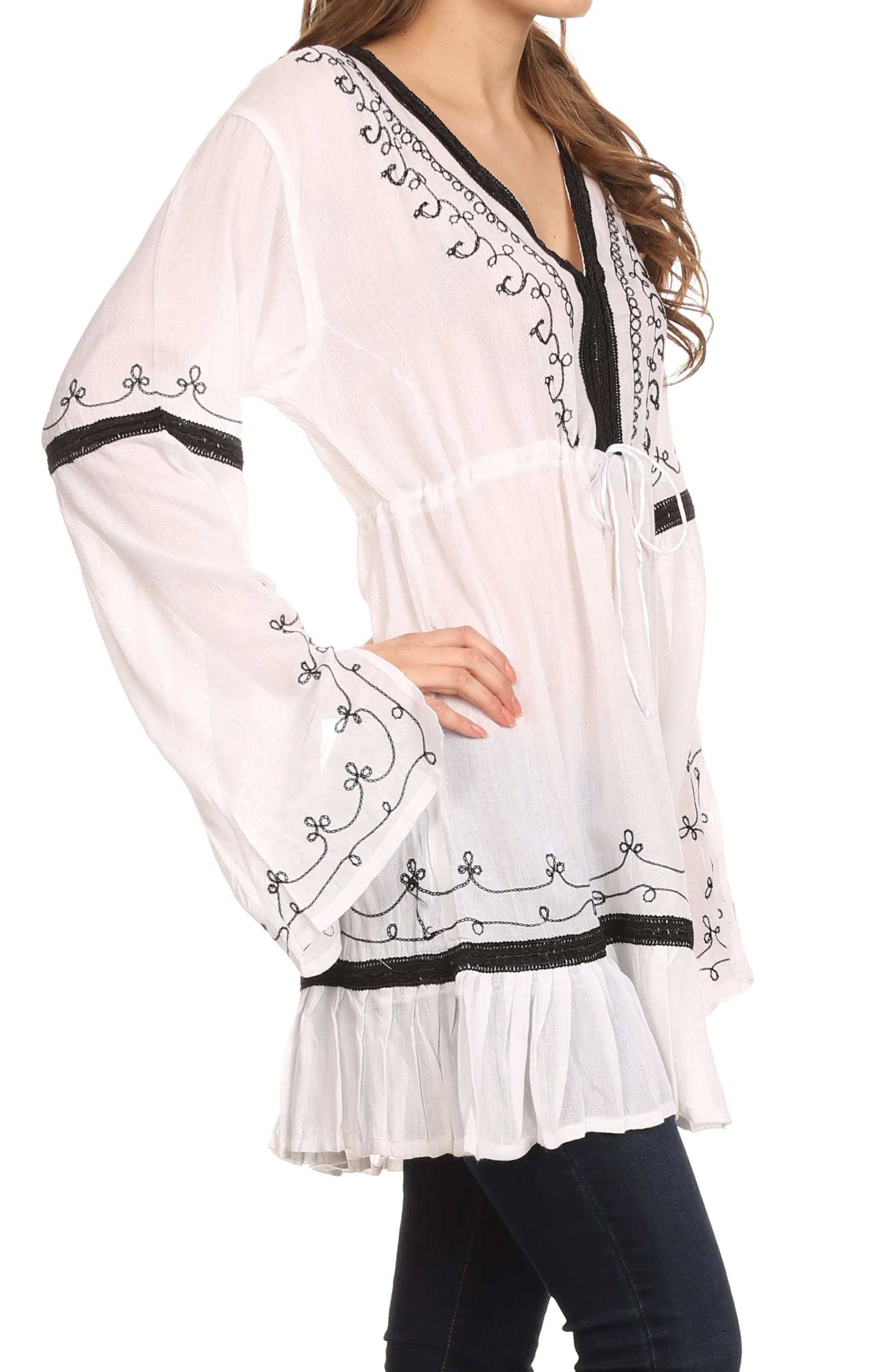 Sakkas Melina Embroidered V-Neck Kimono Sleeves Rayon Tunic Blouse / Cover-up