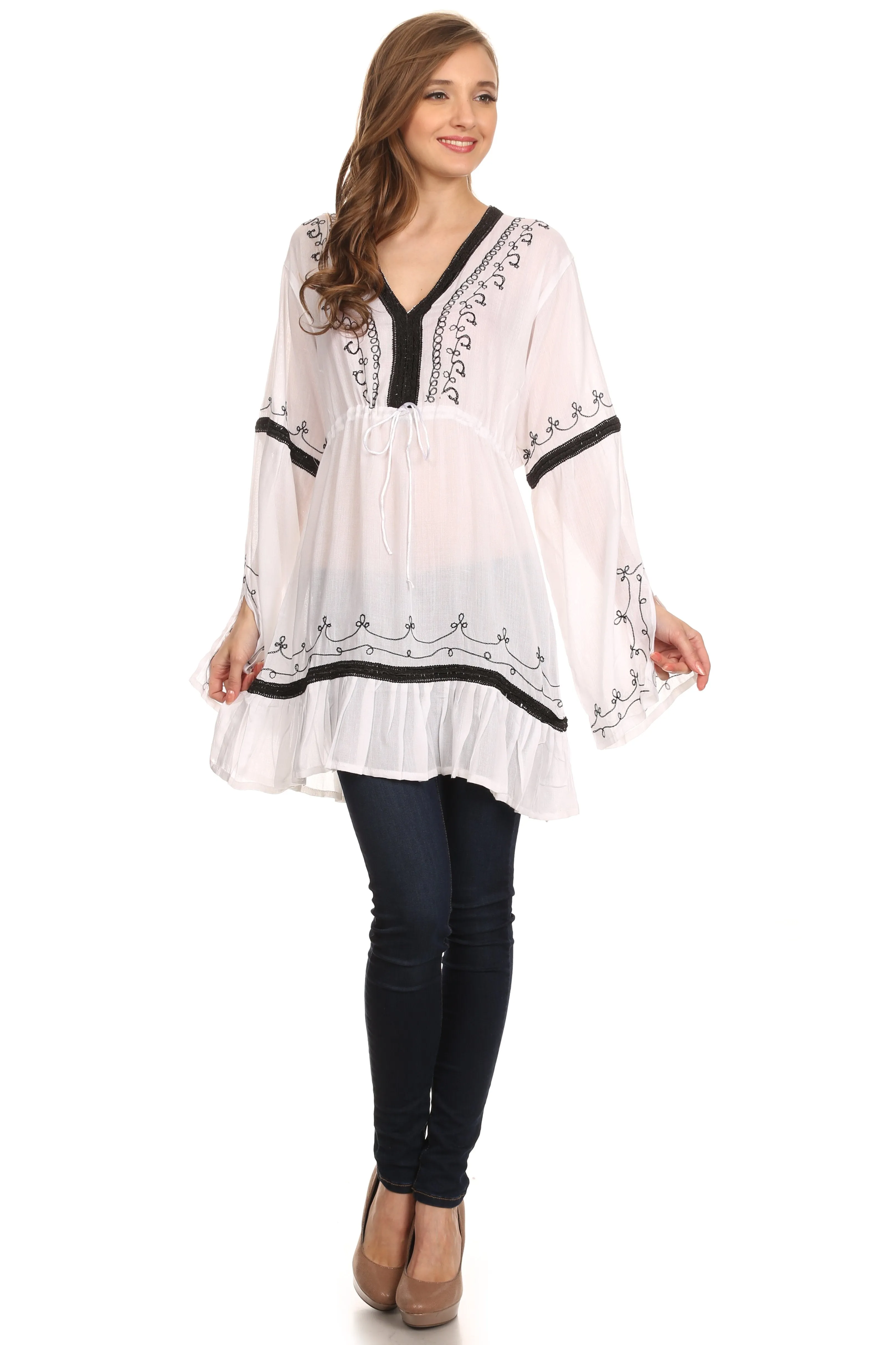 Sakkas Melina Embroidered V-Neck Kimono Sleeves Rayon Tunic Blouse / Cover-up