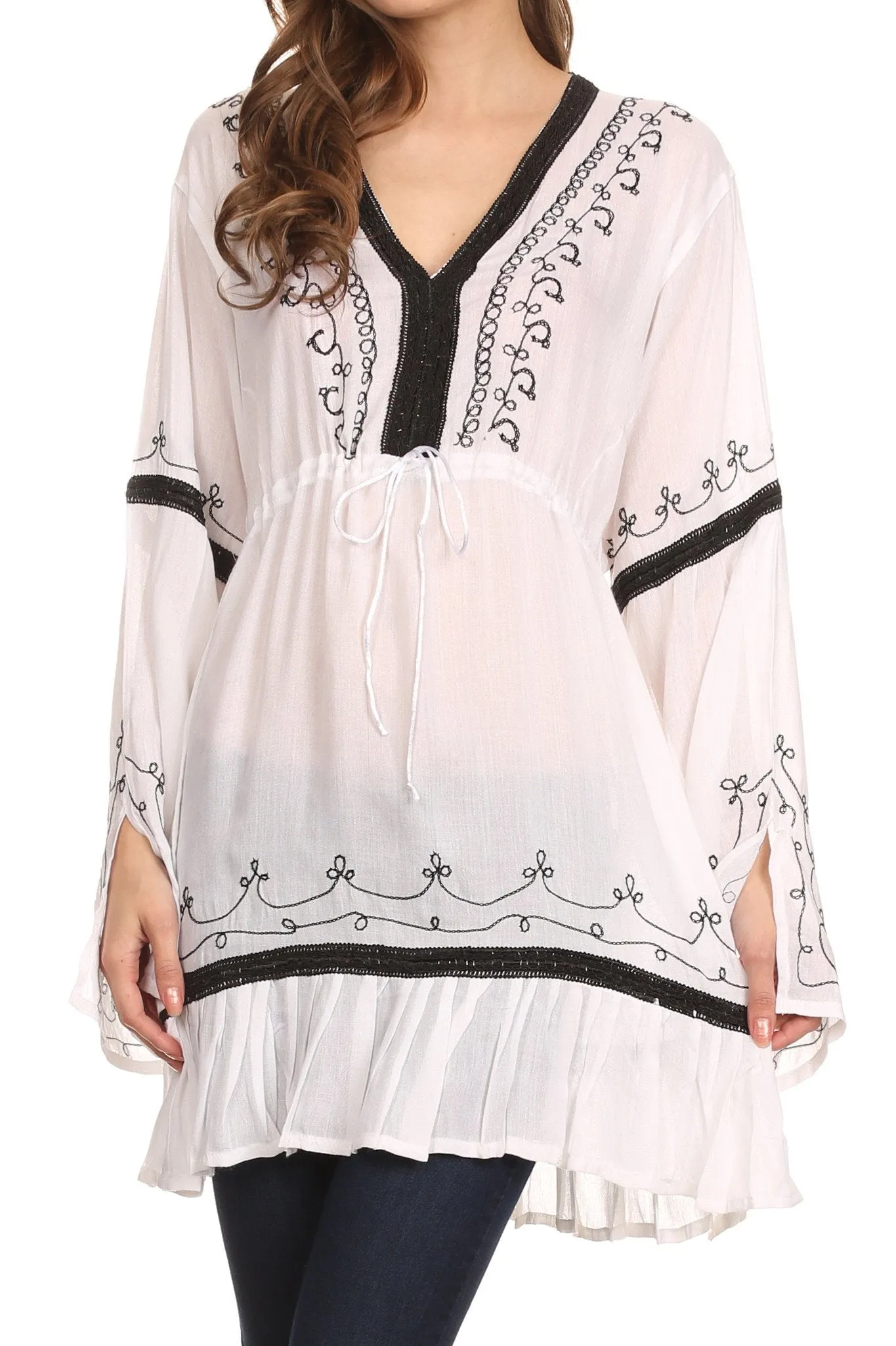 Sakkas Melina Embroidered V-Neck Kimono Sleeves Rayon Tunic Blouse / Cover-up