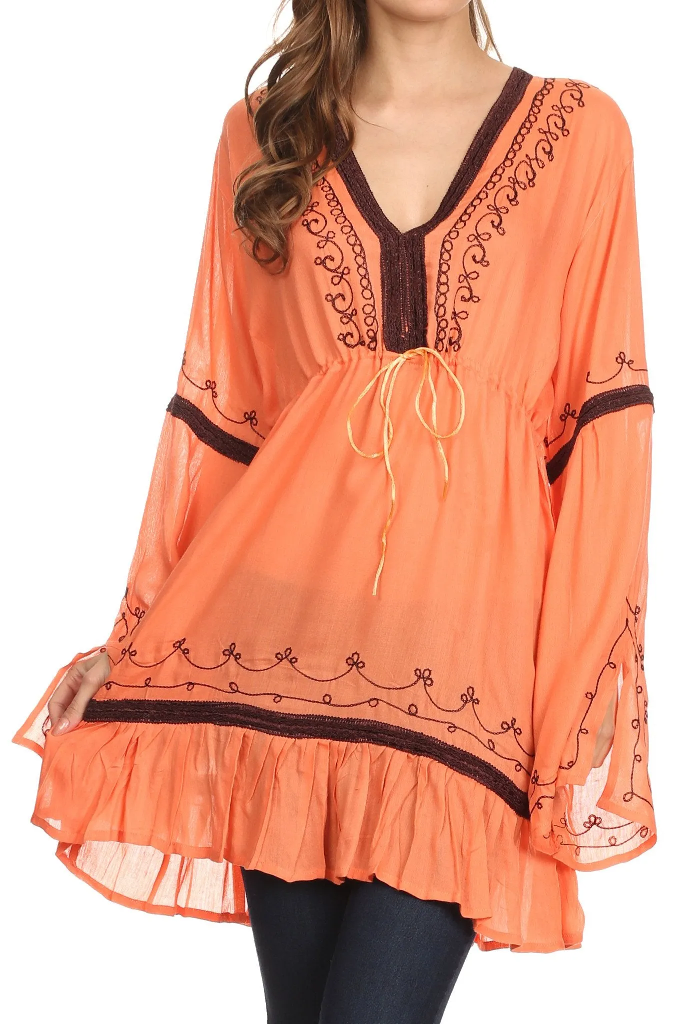 Sakkas Melina Embroidered V-Neck Kimono Sleeves Rayon Tunic Blouse / Cover-up