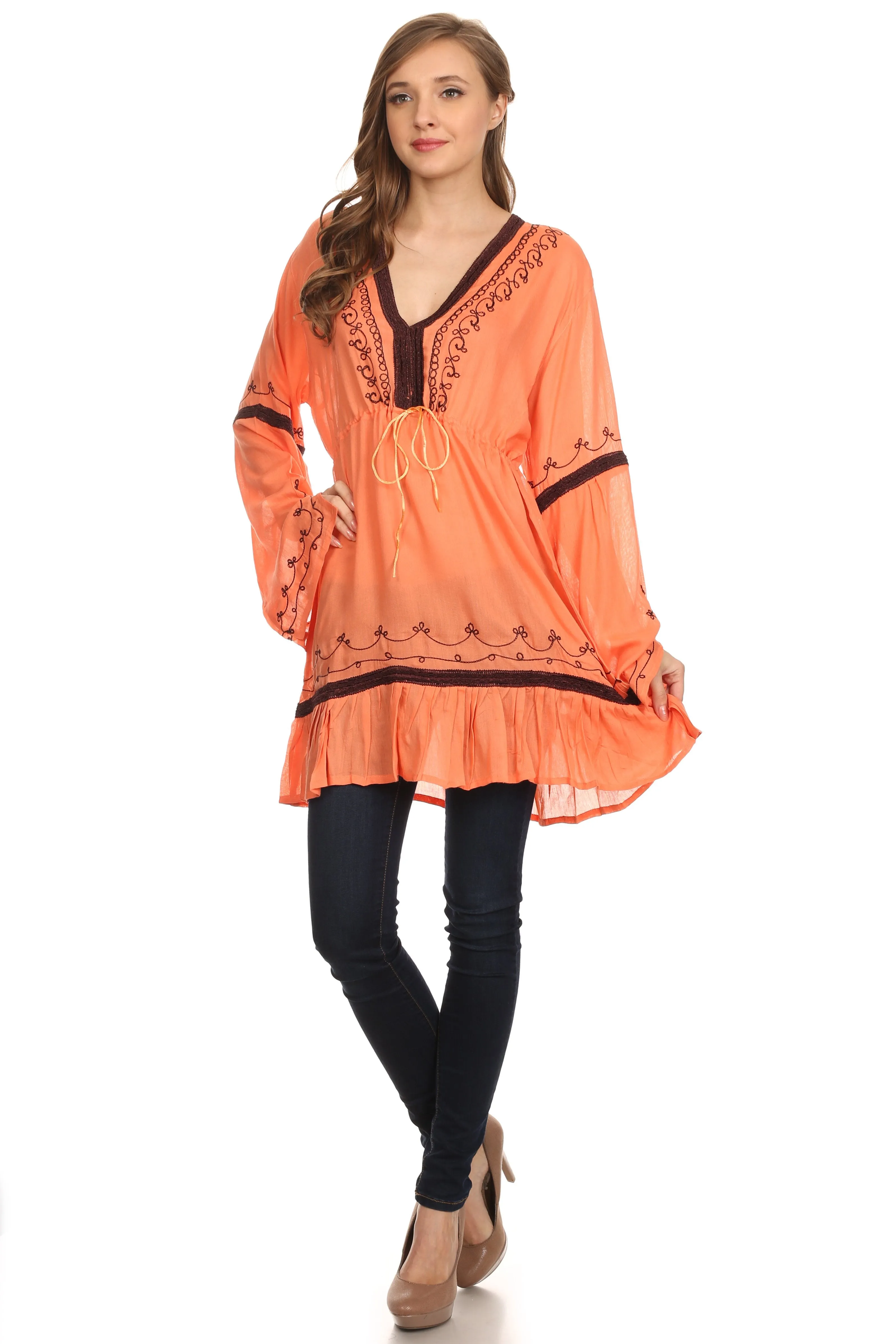 Sakkas Melina Embroidered V-Neck Kimono Sleeves Rayon Tunic Blouse / Cover-up