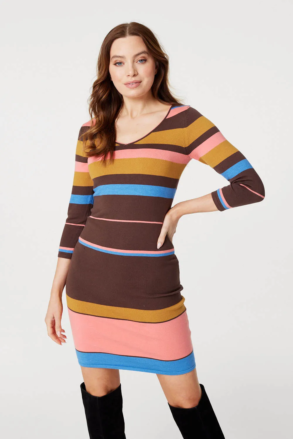 Striped 3/4 Sleeve Knit Dress