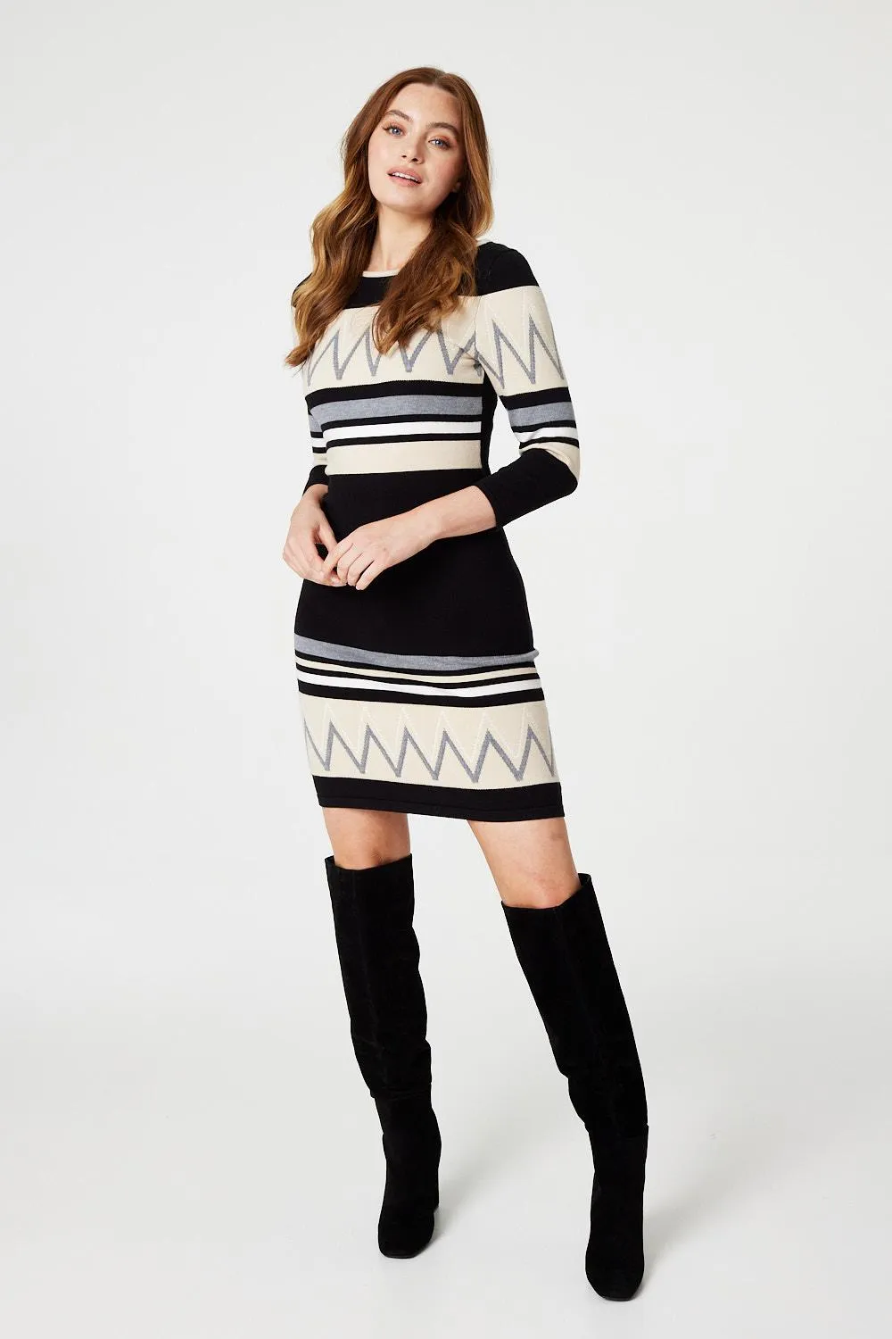 Stripy 3/4 Sleeve Knit Dress