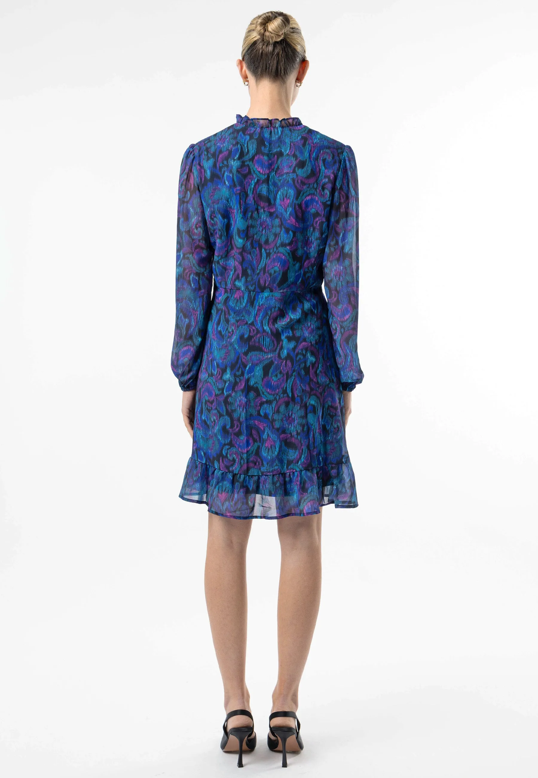 Tie Neck Chiffon Mini Dress in Blue Paisley Print