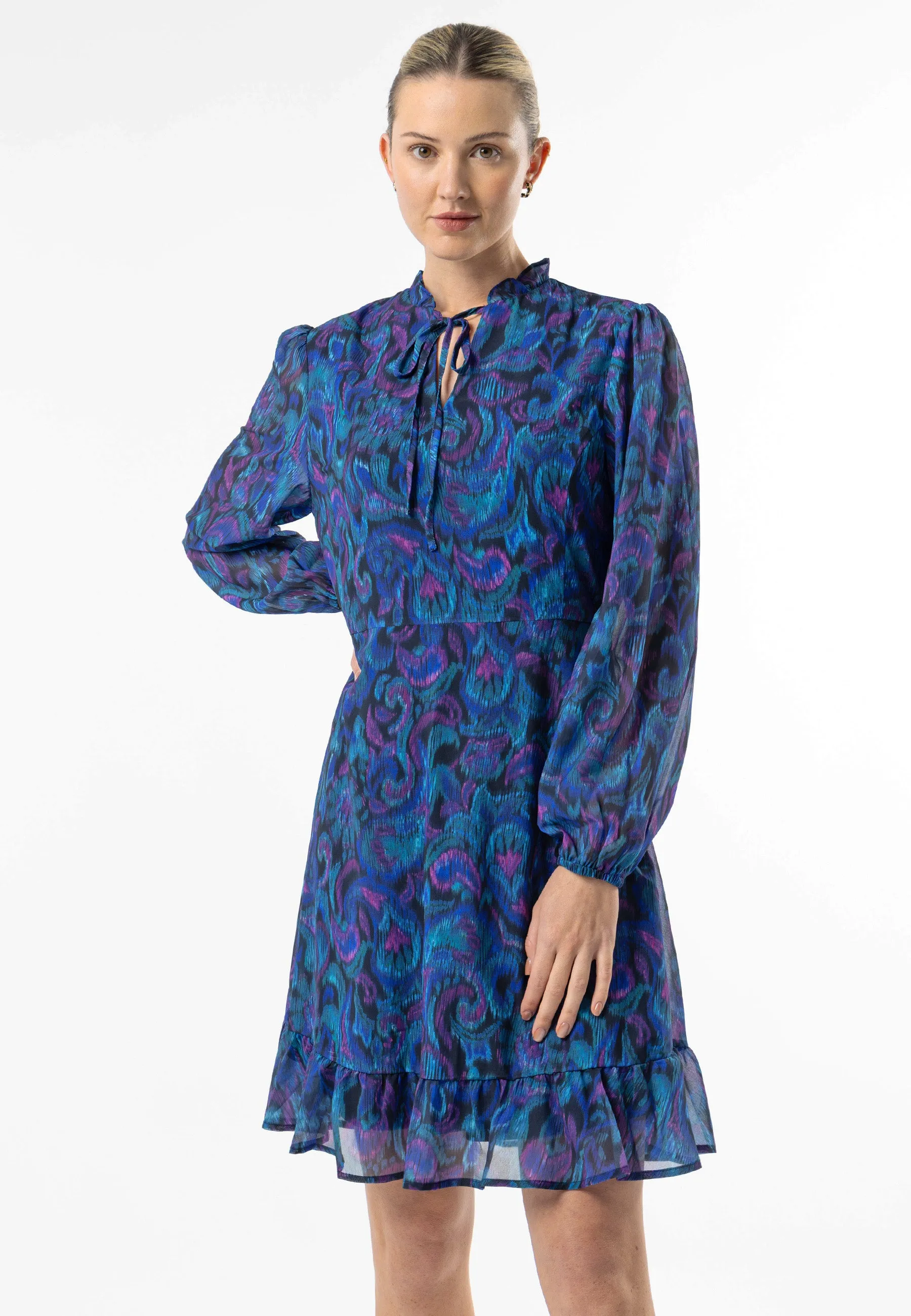 Tie Neck Chiffon Mini Dress in Blue Paisley Print