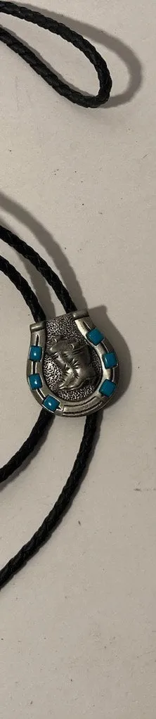 Vintage Metal Bolo Tie, Horseshoe and Cowboy Boots, Nice Blue Accents, Nice Design, Nice Western Design, 1 1/2" x 1 1/4", Quality