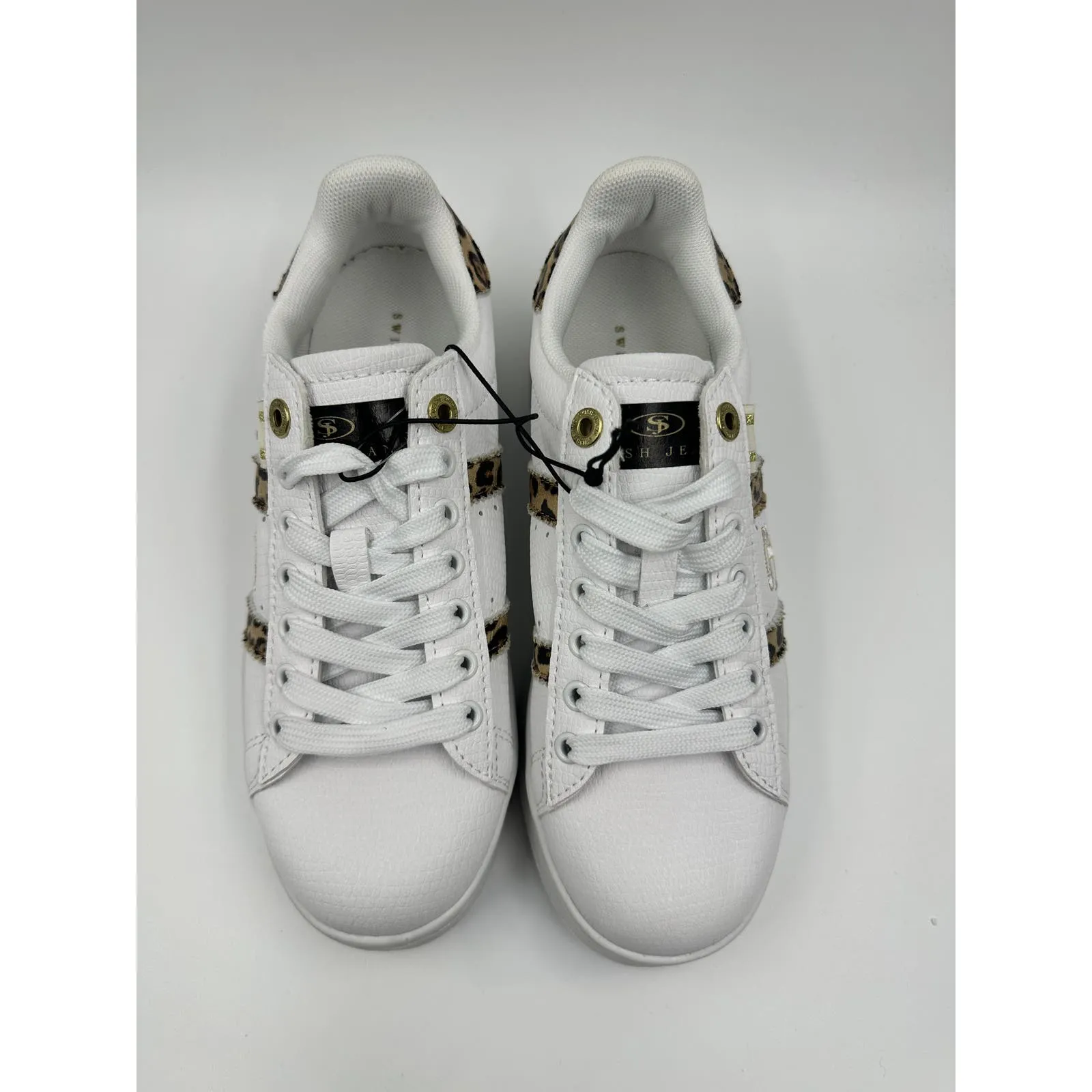 Women's Size 6.5, White Casual Sneakers with Gold and Leopard Accents