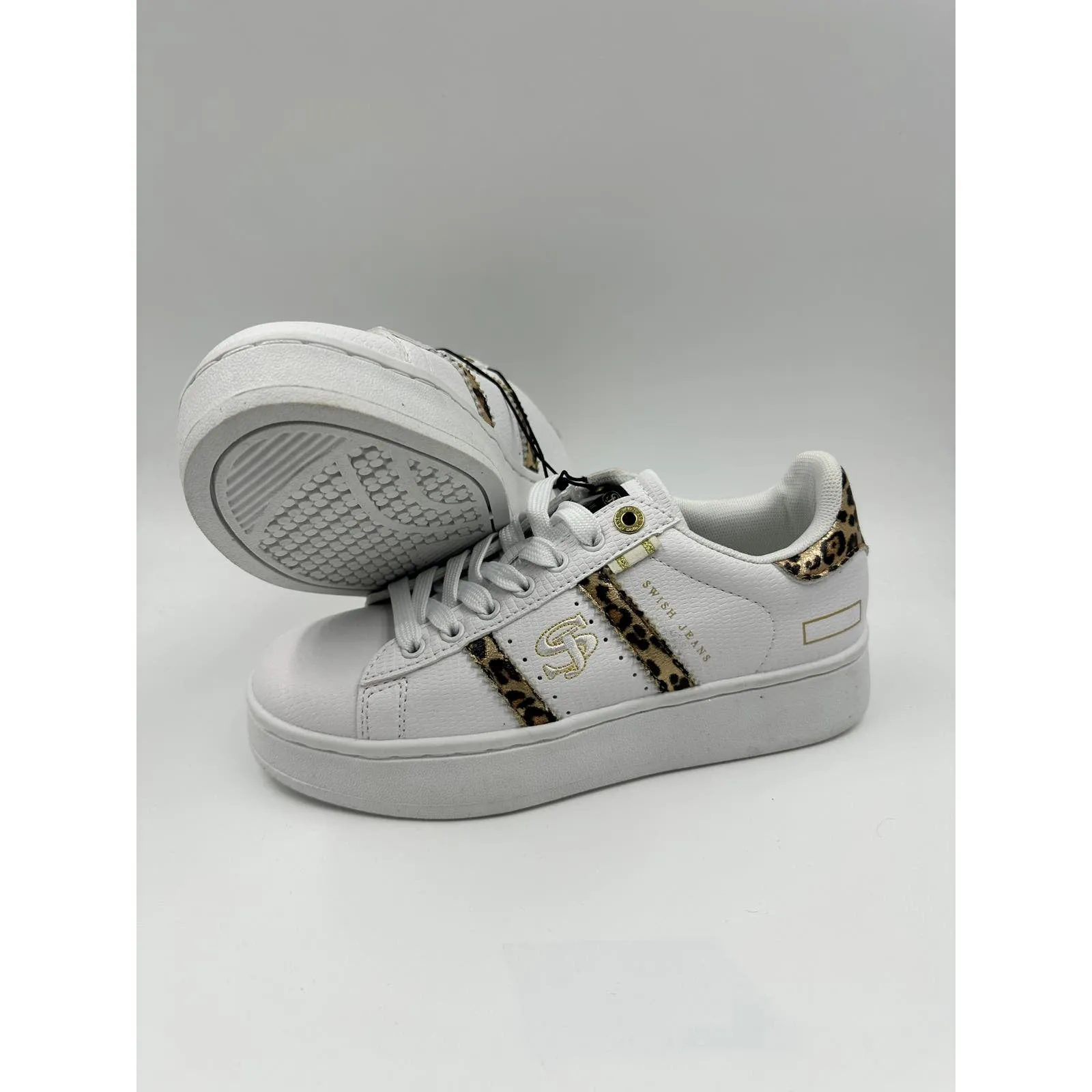 Women's Size 6.5, White Casual Sneakers with Gold and Leopard Accents