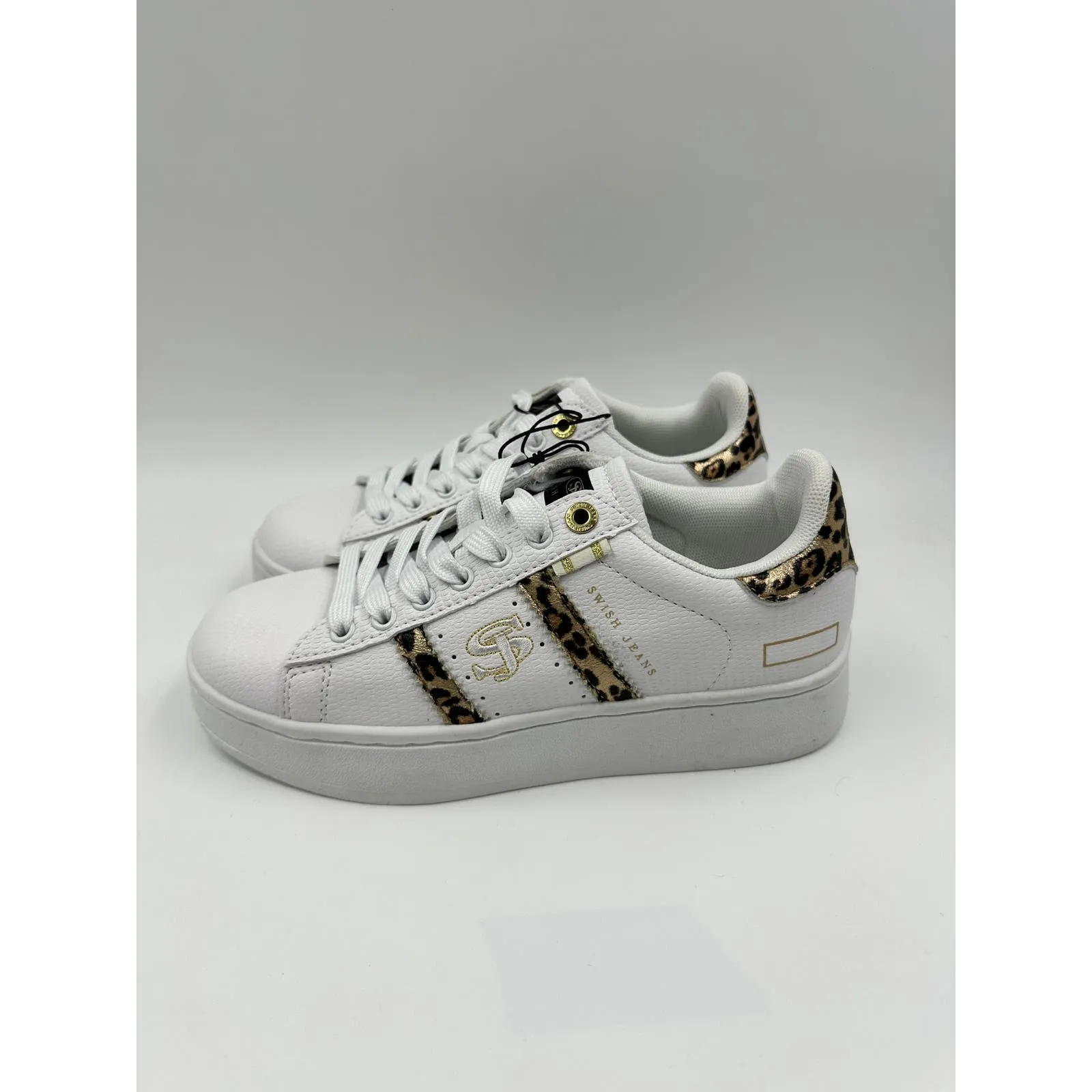 Women's Size 6.5, White Casual Sneakers with Gold and Leopard Accents