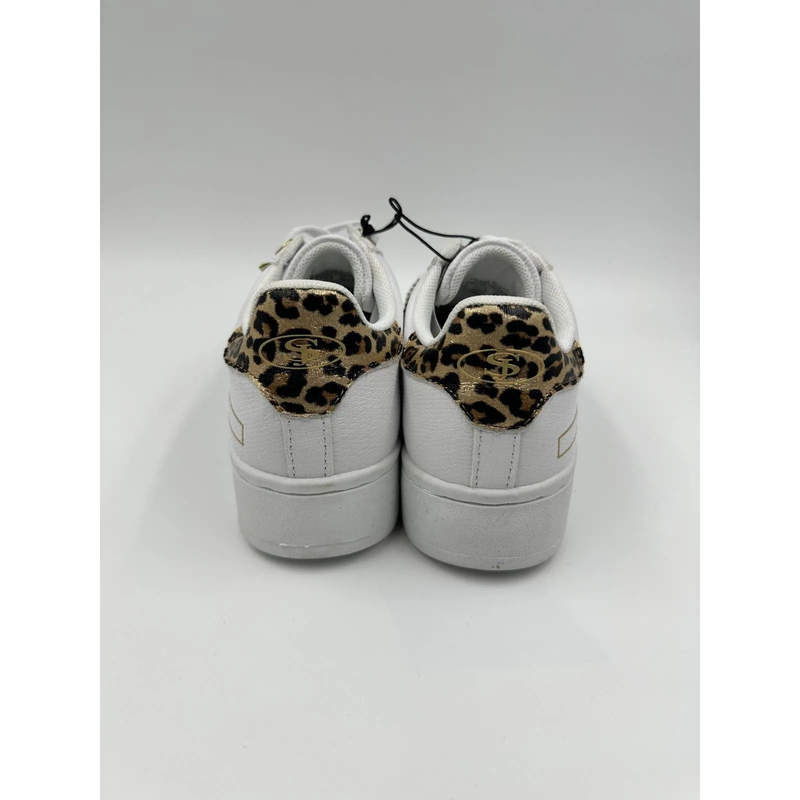 Women's Size 6.5, White Casual Sneakers with Gold and Leopard Accents