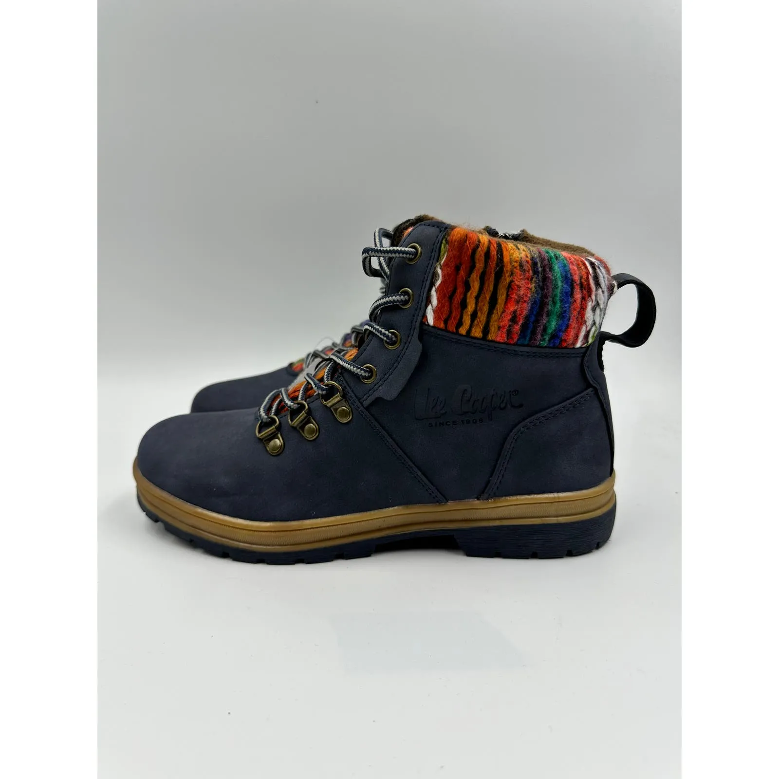 Women's size 7, Lee Cooper Navy High Top Hiking Boots with Multicolored Accents